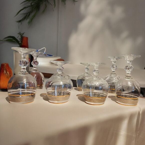 Set Of 8 Cristalline Bohemia Czech Crystalex Glasses Gold Rim 1970s Vintage - Picture 9 of 9